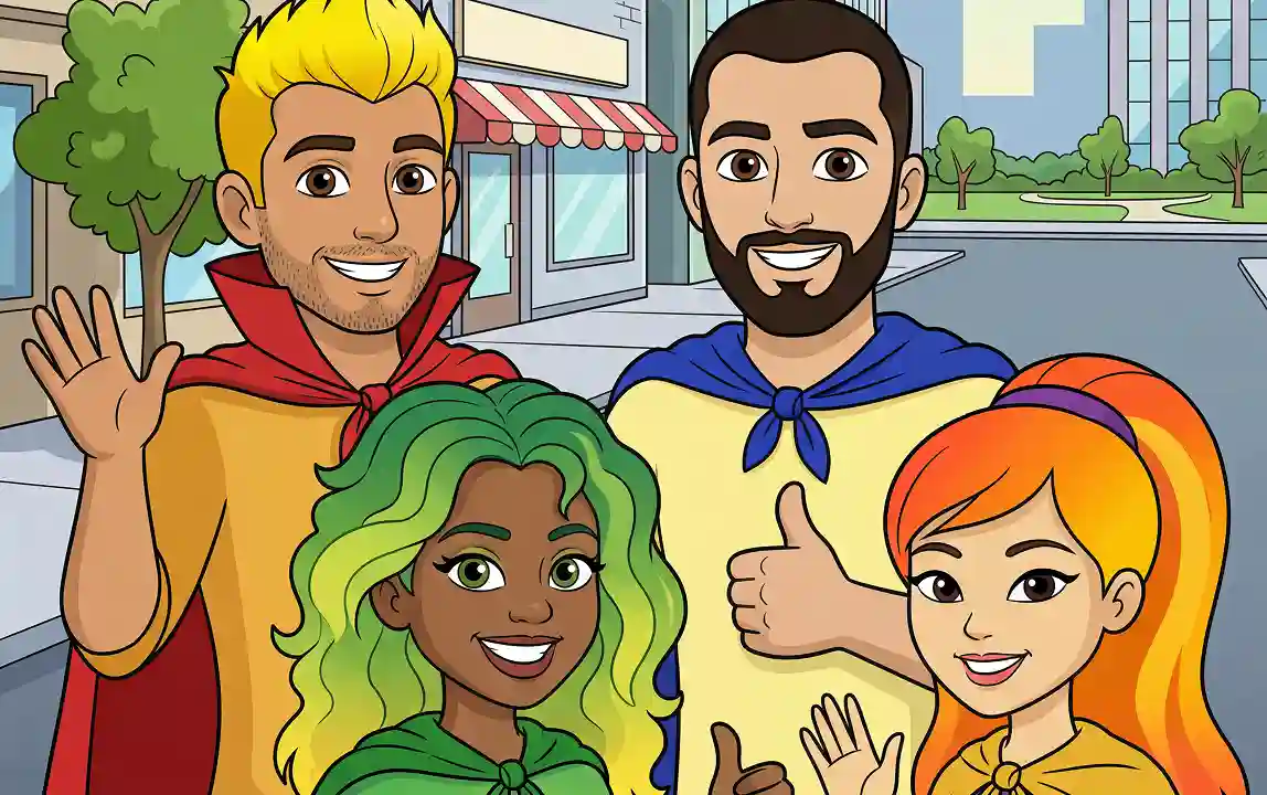 Four animated superheroes with colorful costumes and capes smile and wave on a sunny city street.