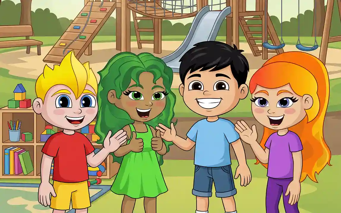 Four animated children stand happily at a playground, smiling widely.