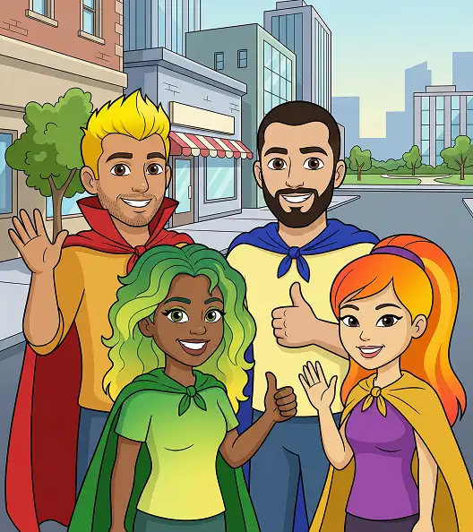 Four animated superheroes with colorful costumes and capes smile and wave on a sunny city street.