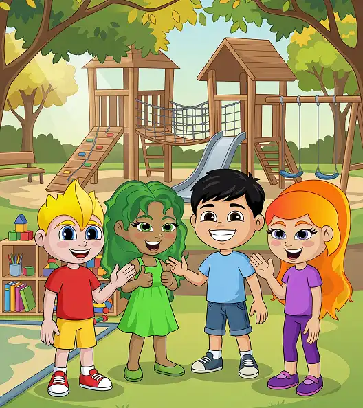 Four animated children stand happily at a playground, smiling widely.